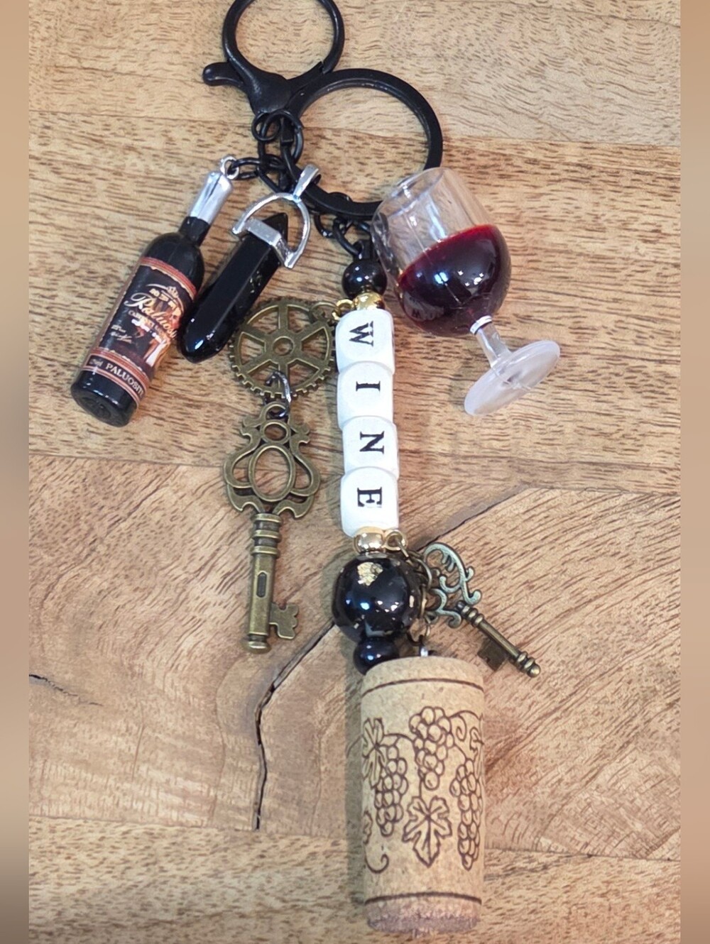 Wine Lover Keychain Bag Charm Set in Black and Gold With A Real Cork!